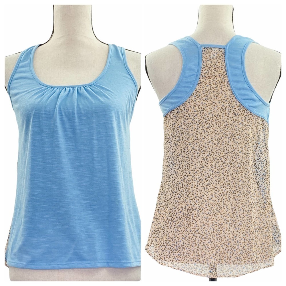 DELIA'S Blue & Floral Print Color Block Sleeveless Racerback Gathered Tank Top